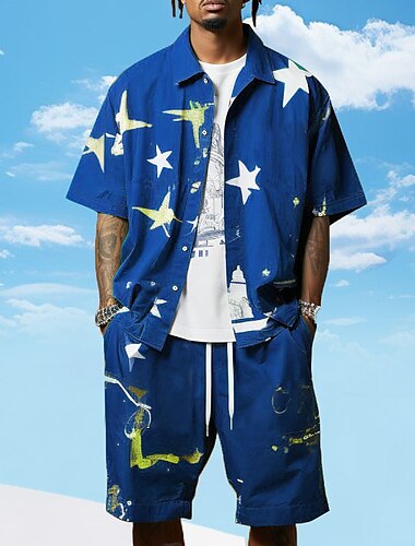  Herren Stern Grafikdrucke Hemden-Sets Hemd Hemd Set Sommer Hawaiihemd Kurze Ärmel Umlegekragen Mode Streetwear Designer Outdoor Straße Lässig Druck Sommer Frühling Blau-Grün Wein Blau
