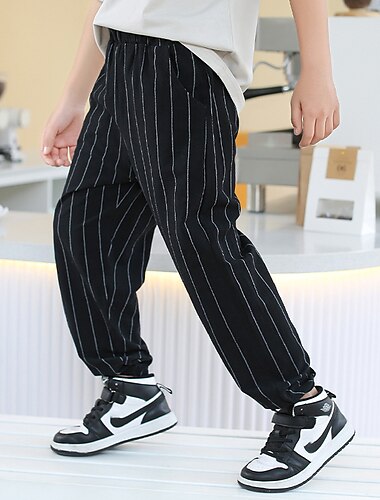  Jungen-Leinenhose, Kinder-Jungenhose, Hose mit Taschenstreifen, atmungsaktive Komforthose, Outdoor-Mode, Alltag, Basic, Schwarz, Weiß, Dunkelgrün, mittlerer Bund
