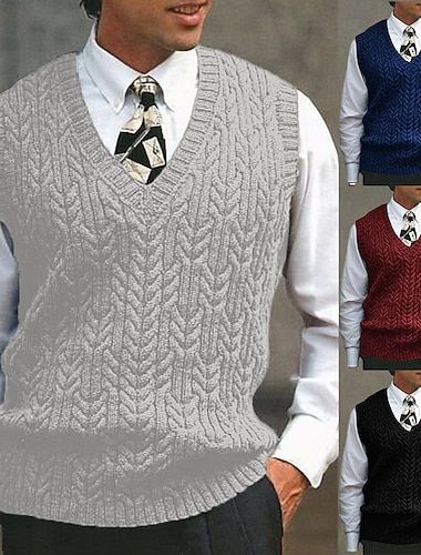  Homme Pull Chandail Pull Gilet Pullover torsadé Tricoter Tricoté Couleur unie Col V à la mode Style vintage Formel Extérieur Vêtement Tenue Hiver Automne Noir Vin S M L