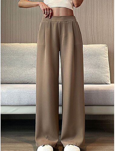  Damen Anzughosen Breites Bein Hosen Hose Elegant Modisch Strassenmode In voller Länge Hoher Taillenbund Glatt Maillard Tasche Ausgebeult Hoher Schnitt Komfort Atmungsaktivität Weich Mikro-elastisch