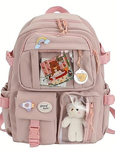  Söt kawaii-ryggsäck för tween- och tonårsflickor, skolväska med stor kapacitet och flera fickor, transparent displayficka och plyschleksak för skolstarten