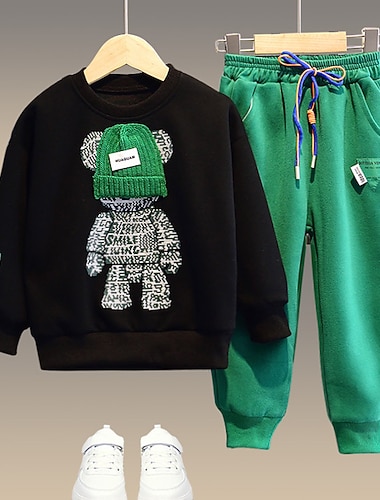  2 Pieces Kids Boys Hoodie & Sweatpants Set Clothing Set Outfit Bear Letter Long Sleeve Pocket Set Outdoor Fashion Cool Daily Spring Fall 7-13 Years Black White Army Green