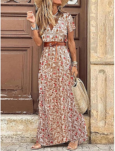  Női A vonalú ruha Virágos Paisley Hasított Nyomtatott V-alakú Maxi hosszú ruha Tropikus Napi Vakáció Rövid ujjú Nyár Tavasz