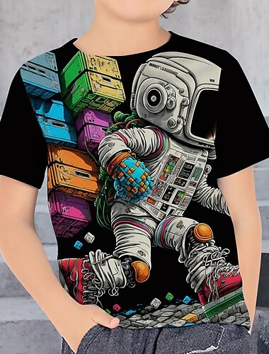  Jungen 3D Graphic Astronaut T-Shirt Kurzarm 3D-Druck Sommer Frühling Aktiv Sport Modisch kinderkleidung 3-12 Jahre Outdoor Casual Täglich Regular Fit
