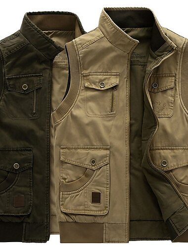  בגדי ריקוד גברים Gilet לבוש יומיומי חופשה ליציאה אופנתי יום יומי קיץ & אביב כיס מרובה 95% כותנה נוח אחיד רוכסן עומד רגיל חאקי ירוק צבאי אֵפוֹד