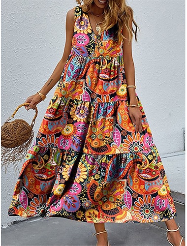  Női Ujjatlan ruha Virágos Paisley Fodrozott Nyomtatott V-alakú Maxi hosszú ruha Napi Vakáció Ujjatlan Nyár Tavasz