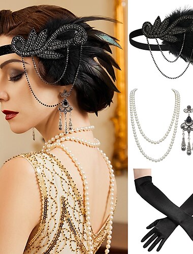  Retro Antiguo Rugido 20s 1920s Diadema de estilo flapper Conjunto de accesorios El gran Gatsby Borlas Pluma Mujer Carnaval Mascarada Fiesta / Noche Despedida de Soltera Adulto Guantes Para la Cabeza