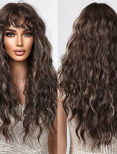  Long Brown Hightlight Curly Wigs For Black Women Brown Mixed Blonde Water Wave Wig With Bangs Natural Looking