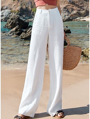  Pantalones de lino y algodón Pantalones anchos estilo costero de la abuela Holgado Negro Blanco Albaricoque