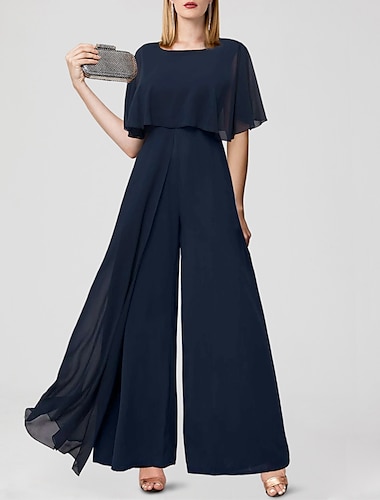  Jumpsuits Bröllopsgäst Elegant Formell Bröllop Golvlängd Korta Ärmar Juvelhals Chiffong Med Fransar 2025 gratis skräddarsydd storlek