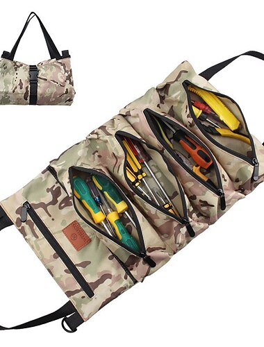  Neue Mehrzweck-Werkzeugtasche zum Aufrollen, zum Aufhängen aus Segeltuch, Schraubenschlüssel-Werkzeugtasche, Aufbewahrungstasche mit 5 Reißverschlusstaschen, Werkzeug-Autozubehör