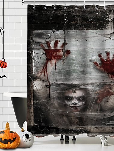  Halloween-Horror-Duschvorhang mit Haken, Badezimmer-Dekor, wasserdichtes Stoff-Duschvorhang-Set mit 12 Kunststoff-Haken, Skelett, Kürbis, Hexe