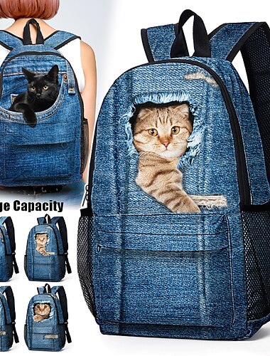  3D-kattenprint denim rugzak voor kinderen - schattige dieren schooltas met grote inhoud en leuk design voor jongens en meisjes