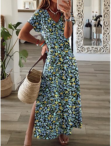  Damen Maxi Kleid Sommerkleid Shift Kleid A-Linien Kleid Mode Streetwear Modern Drop Shoulder Outdoor Urlaub Alltag Regular Fit Floral Ditsy Floral Kurzarm V-Ausschnitt Gelb Marineblau