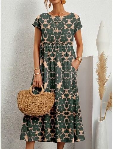  Dames Leger groen Zwart Geel Lente Herfst Maxi-jurk Casual jurk Modieus Casual Volwassen Buiten Vakantie Dagelijks Ruim Passend Bloemig Bloem Strakke ronde hals