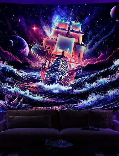  Tapisserie à lumière noire réactive aux UV qui brille dans le noir, décoration murale suspendue, néon, psychédélique, trippante et brumeuse, pour salon, chambre à coucher, vagues de l'océan