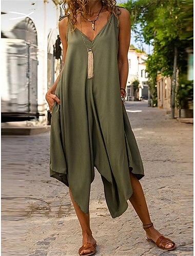  Combinaison Femme Poche Couleur unie Col V Vêtement de rue Plein Air du quotidien Standard A Sangles Vert S Eté