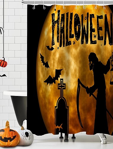  Halloween-Horror-Duschvorhang mit Haken, Halloween-Badezimmer-Dekor, wasserfester Stoff-Duschvorhang-Set mit 12 Kunststoff-Haken, Skelett-Kürbis-Hexe