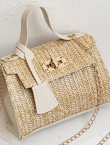  bolsa de palha feminina com alça superior – bolsa de verão trançada com alça de corrente dourada e fecho de trava para praia, férias e passeios casuais