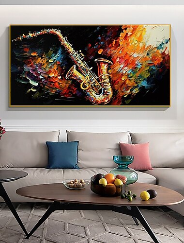 saxofón original grande pintura al óleo hecha a mano sobre lienzo arte de la pared música abstracta jazz pintura colorida sala de estar decoración de la pared sin marco