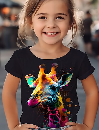  Mädchen 3D Grafik Cartoon Giraffe T-Shirt Kurzarm 3D-Druck Sommer Frühling Aktiv Mode Niedlich Kinder 3-12 Jahre Outdoor Lässig Täglich Normale Passform