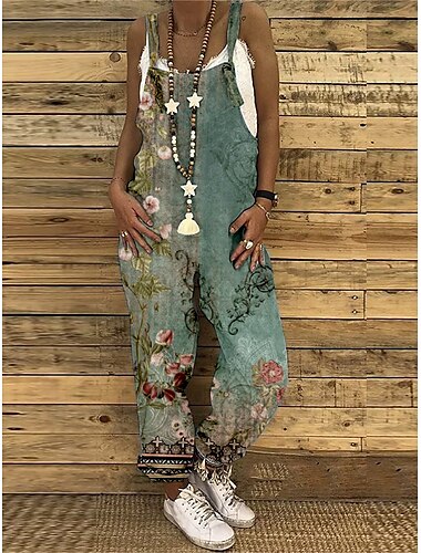  Women's Jumpsuit overall Floral Crew Neck Streetwear Home Straight Loose Fit Spaghetti Strap Tank Light Green Pink Red S M L Fall Summer