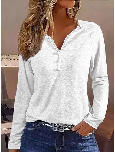  Women's T shirt Tee Henley Shirt Plain Button Daily Weekend Elegant Fashion Basic Long Sleeve V Neck Black Fall & Winter