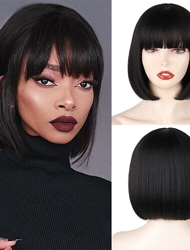  Schwarze Kurze Bob-Perücke Gerade Schwarze Bob-Perücke mit Pony 10 Zoll Gerade Bob-Pony-Perücke für Frauen Natürlich aussehend für Täglichen Gebrauch Halloween-Perücken