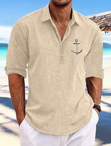  Herren Anker Hemd Knopfhemd Langarm Modisch Strassenmode Designer Outdoor Casual Täglich Sommer Herbst Ständer Bedruckt Schwarz Blau Khaki Grau