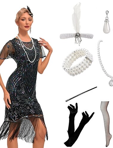  Řvoucí 20s Retro Velký Gatsby Krátká délka Úbory Kostým na Večírek Maškarní Iluze Velký Gatsby Svatební host Flitry Třásně Flitry Třásně Kulatý Dámské předvečer Všech svatých Karneval Plesov