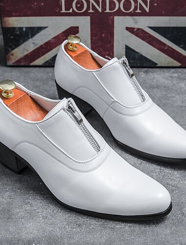  pánské bílé boty Oxford z umělé kůže na zip - nazouvací společenské společenské boty se špičatou špičkou na nízkém podpatku pro svatby a obchodní akce