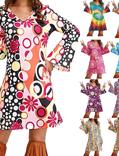  Retro vintage Jaren '70 Schijf Jurken Jaren '70 verkleedkleding dames Kleding uit de jaren 70 Flare manchet mouw Hippie Opdrukken Dames Maskerade Feest / Uitgaan Prideparade Trots maand Volwassenen