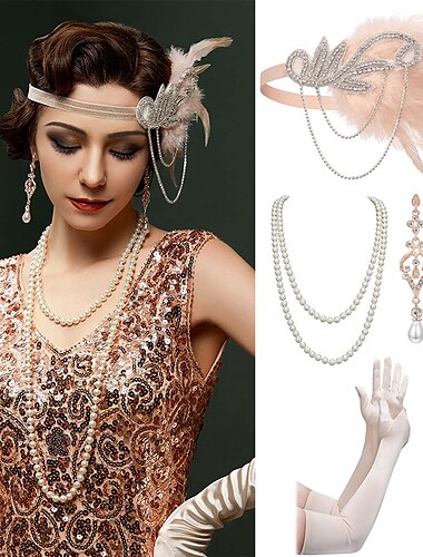  1920s Flapper Headband Feather Accessories Set for Women 4 PCS Roaring 20s Great Gatsby Faux Pearl Necklace Gloves Earrings Masquerade Halloween Carnival