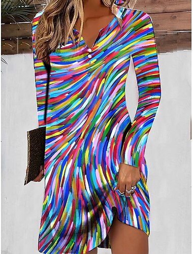  Damen Mini Kleid Streifen Knopf Print Split-Ausschnitt Alltag Date Langarm Sommer Frühling