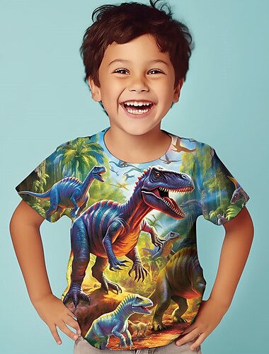  男の子 3D グラフィック 動物 恐竜 Tシャツ Ｔシャツ 半袖 3Dプリント 夏 春 活発的 スポーツ ファッション 子供 3〜12年 アウトドア カジュアル 日常 レギュラー