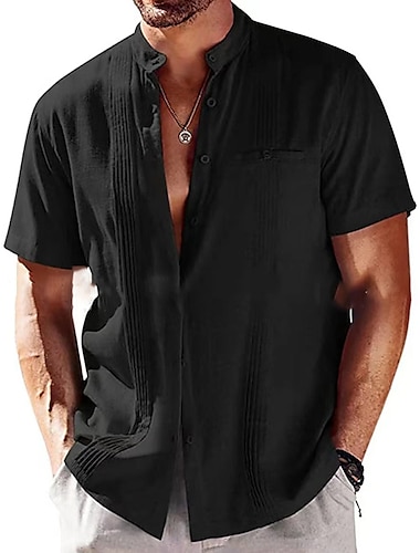  Herren leinenhemd Baumwoll-Leinenhemd Hemd mit chinesischem Kragen Hemd mit Stehkragen Sommerhemd Strandhemd Einfach Urlaub Hawaiianisch Schwarz Weiß Blau Dunkelblau Kurzarm Großvaterkragen Frühling