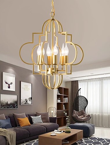  stuehus stearinlys lysekrone guld 6-lys 42cm til stue, rustik industriel loftslampe, vintage lofthængende lampe til soveværelse entre køkken spisestue foyer 110-240v