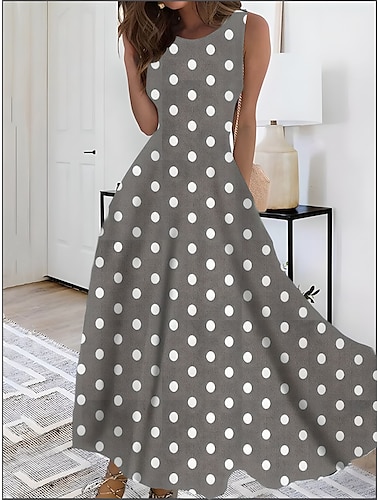  Per donna Stampa Abito vintage Abito lungo Abito lungo Elegante A pois Girocollo Senza maniche Giornaliero Appuntamento Estate Primavera Blu Verde scuro