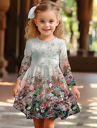  Ostern Mädchen' 3D Blumen Graphic Kleid Langarm 3D-Druck Sommer Frühling Herbst Urlaub Sport & Natur Täglich Kuschelig Brautkleider schlicht Schön kinderkleidung 3-12 Jahre Casual kleid A Linie Kleid