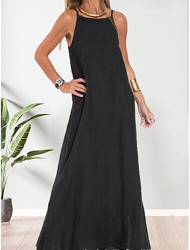  Dame Store størrelser مزيج القطن Skiftkjole Solkjole Mote Fritid Komfort Gate Stevnemøte Flyplass Ren farge Ermeløs stropper Svart Hvit Militærgrønn Sommer Vår