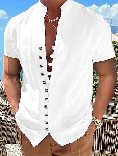  Herre linned skjorte Sommer skjorte Strandtrøje Sort Hvid Lyserød Kortærmet Vanlig Høj krave Forår sommer Hawaiiansk Ferie Tøj Basale