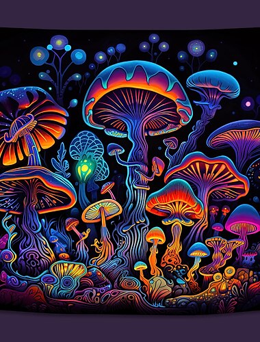  Tapisserie à lumière noire réactive aux UV qui brille dans le noir, fête, néon, champignons, psychédélique, trippant, brumeux, décoration murale suspendue pour salon, chambre à coucher