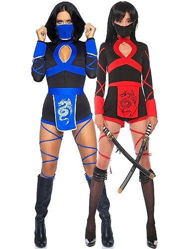  couples dragon ninja halloween groupe couples costumes femmes film cosplay costumes cosplay rouge bleu justaucorps / combinaison halloween carnaval mascarade