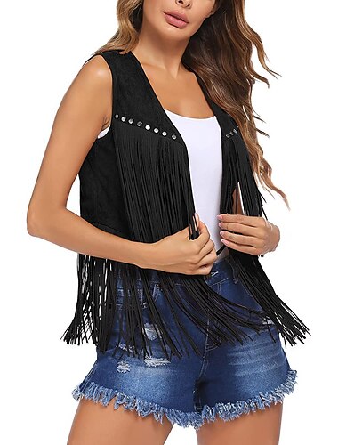  Rétro Vintage Franges Années 1960 Gilet en daim Déguisement Années 70 Femme Tenues Années 70 Hippie Frange à pompons Couleur Unie Femmes Carnaval Fête Décontracté Quotidien Foire de la Renaissance
