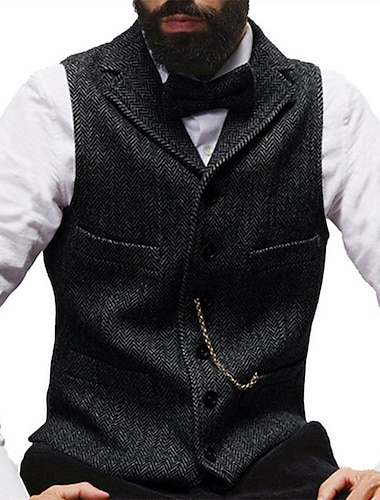  Chalecos de negocios informales de tweed para hombre, chaleco ligero, color sólido, ajuste a medida, muesca, un solo pecho, más botones, champán negro plateado 2024