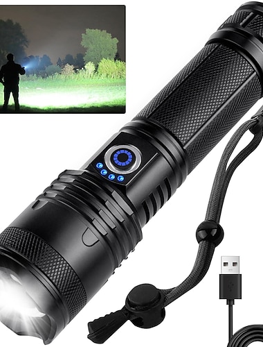 linternas de luz de flash recargables de alto lúmenes, 200000 lúmenes linterna táctica LED súper brillante, 5 modos ipx6 a prueba de agua, potentes linternas de mano para acampar de emergencia al aire
