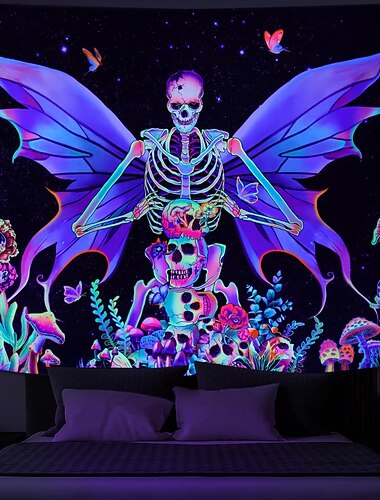  halloween skalle blacklight gobeläng uv-reaktivt skelett fjäril trippy dimmig svamp blommig hängande gobeläng väggkonst väggmålning för vardagsrum sovrum halloween dekorationer