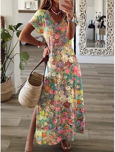  Женское макси-платье платье-сарафан Shift Dress платье формы A мода уличная одежда современное открытое плечо outdoor отпуск повседневное стандартная посадка цветочный мелкий цветочный короткий рукав
