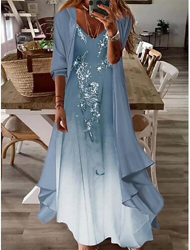  Dame Kjolesett Uformell kjole Print kjole Mote Fritid Blomstret Trykt mønster Lang kjole Maxikjole 3/4 ermer V-hals utendørs Feriereise Rosa Blå Himmelblå Sommer Vår Normal