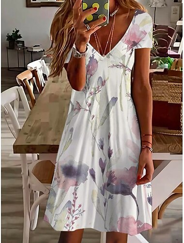  Damen Mini Kleid Petite Kleid T-Shirt Kleid Tee Kleid Sommerkleid Aktive Mode Streetwear Outdoor Urlaub Geburtstag Regulär Fit Floral Kurzarm V-Ausschnitt Rosa Blau Lila